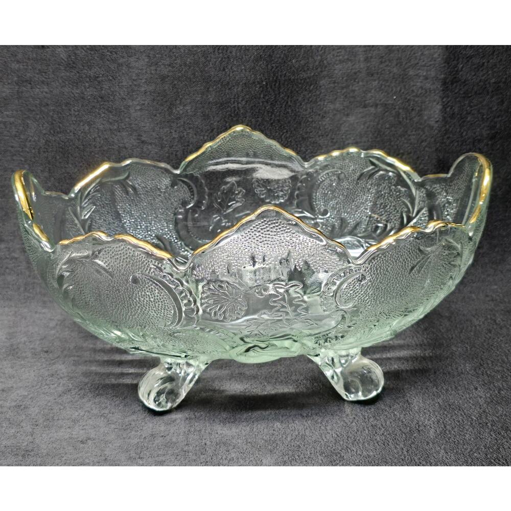 Vintage Jeannette Glass Gold Trim Lombardi Footed Fruit Bowl